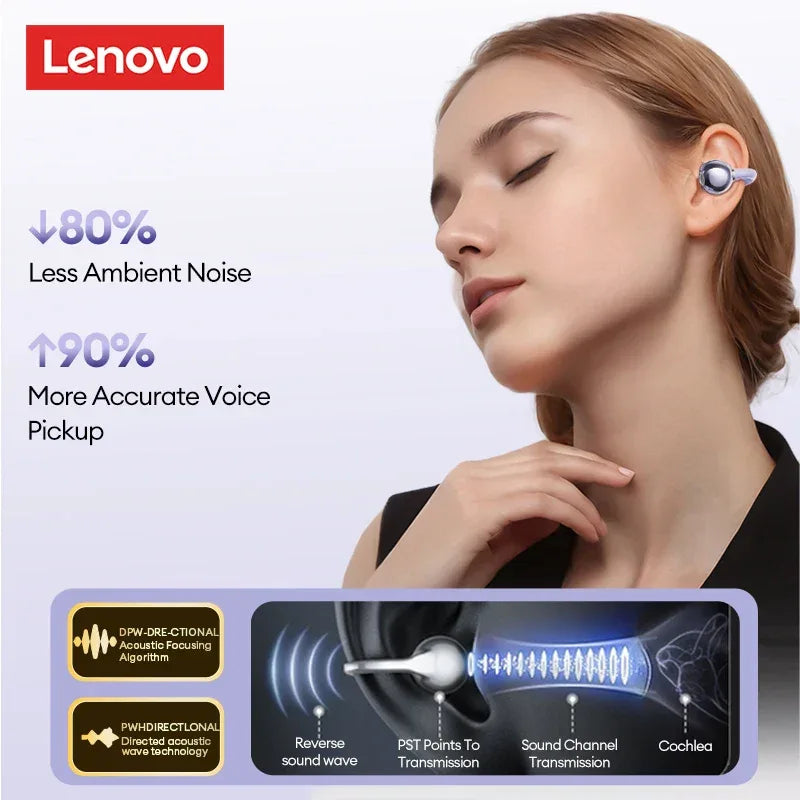 Lenovo LE302 Ear Clip Wireless Earphones - Bluetooth 6.0 | Active Noise Cancelling, HiFi Stereo, Waterproof Sport Headphones