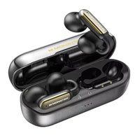 Black wireless earbuds with gold accents in a charging case on a white background, featuring the Monster brand.