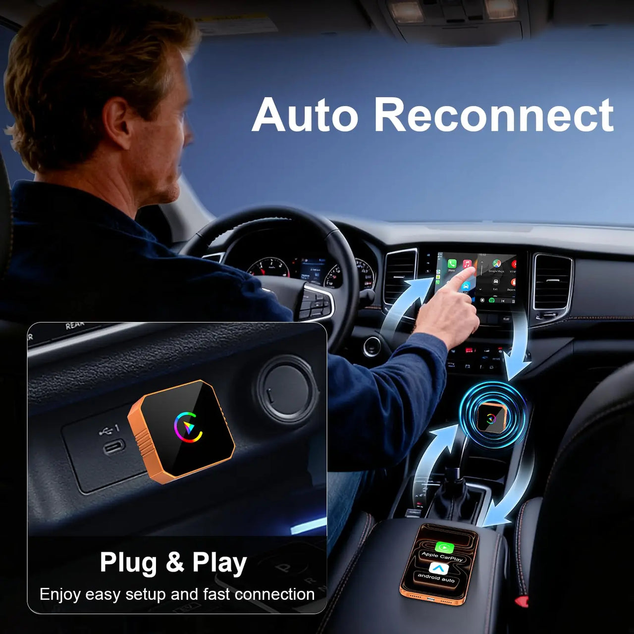 CarPlay Wireless Adapter 2-in-1 - Cable to Wireless Converter for iPhone & Android Auto | Mini USB Design Plug & Play