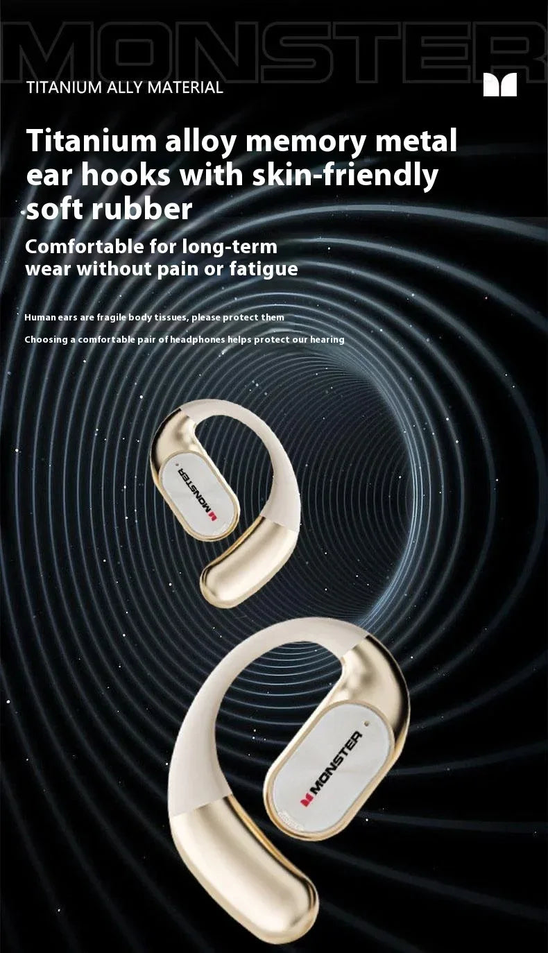 Gold earbuds with text about titanium alloy memory metal ear hooks on a black background