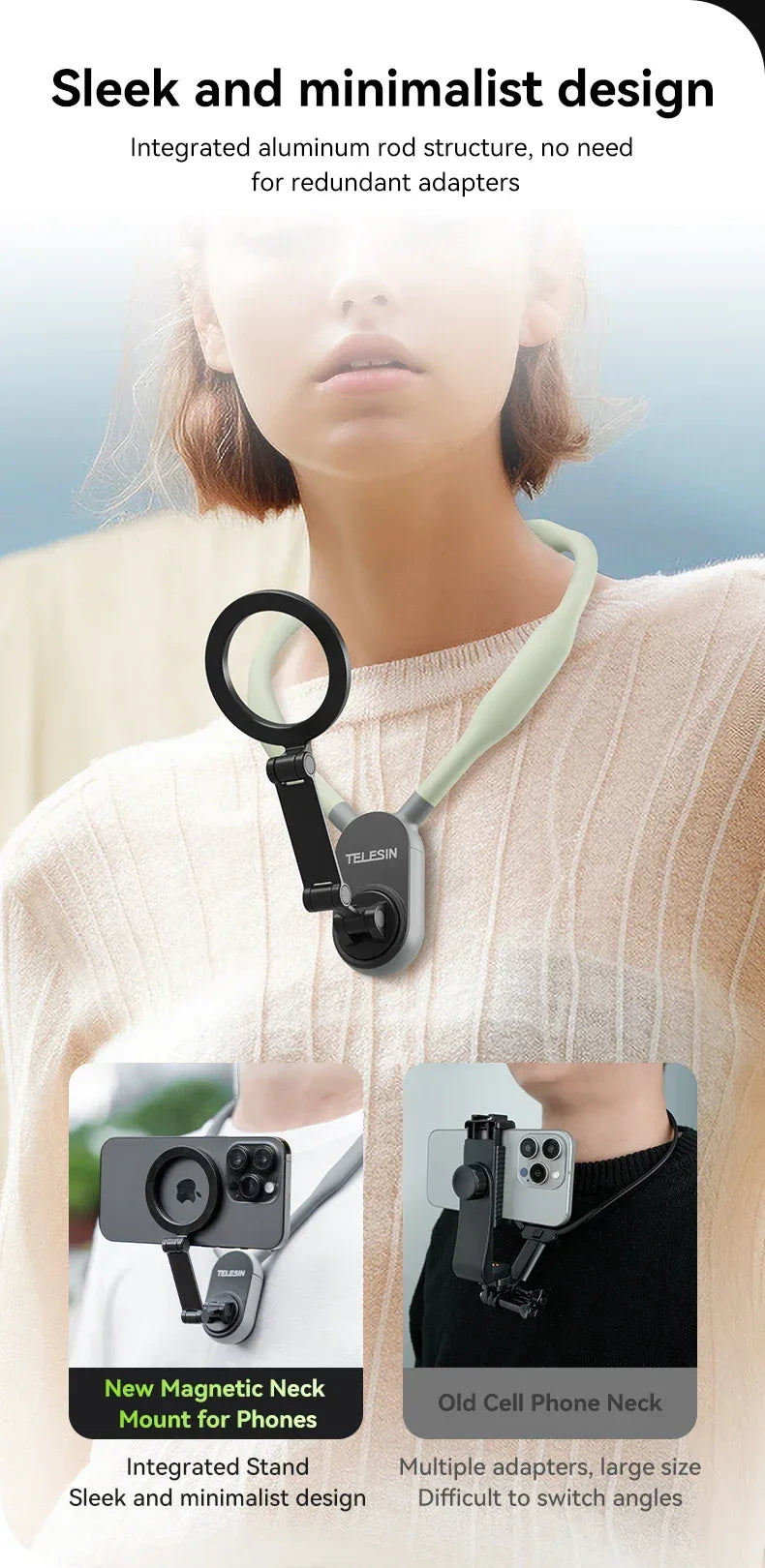 TELESIN Silicone Magnetic Quick-Release Neck Mount - Hands-Free Phone Holder for iPhone 15 14 13 12 11, Samsung, Universal Smartphones
