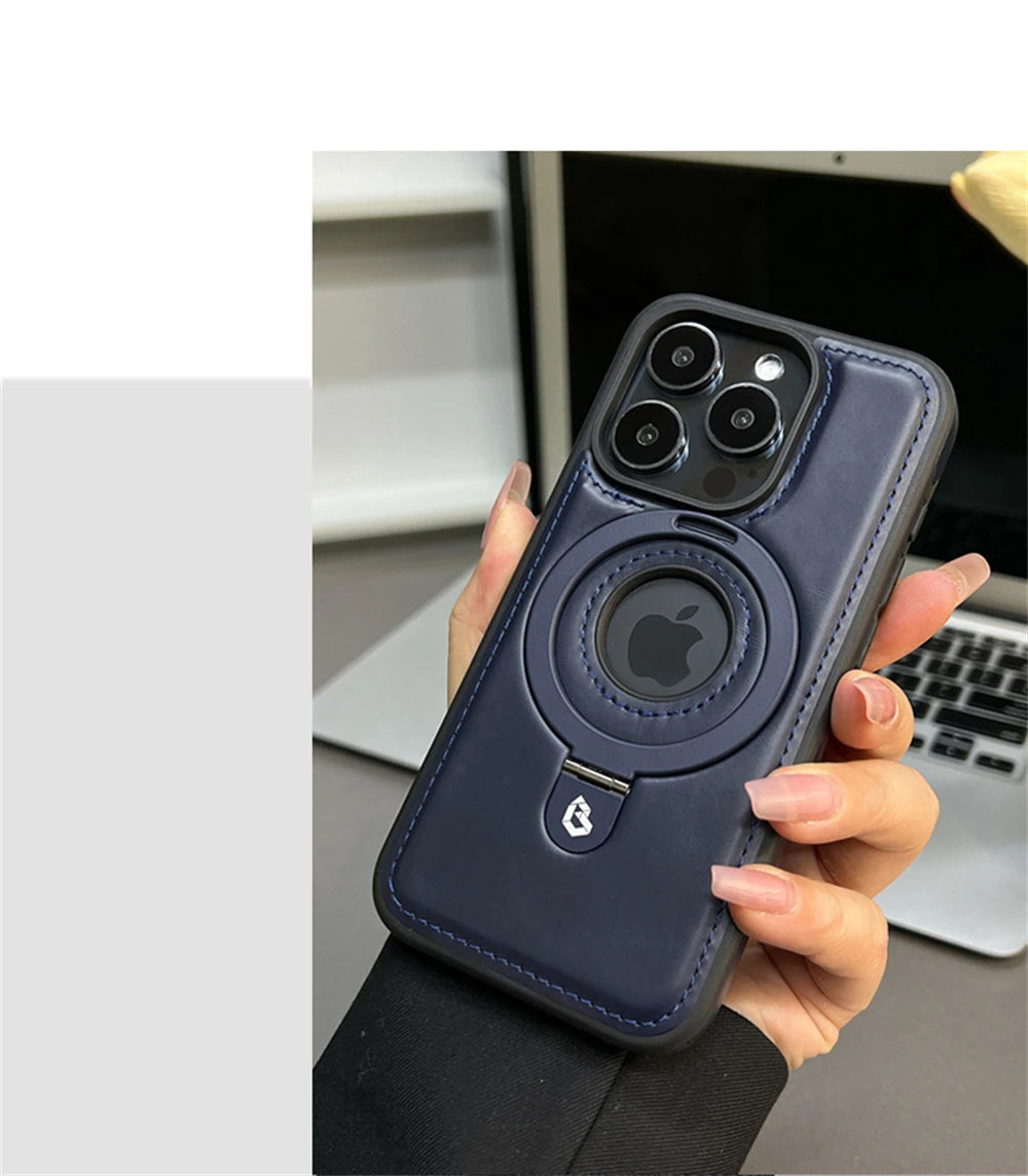 Luxury Magnetic Stand Ring Vegan Leather iPhone Case - MagSafe Compatible | Anti-Scratch Hollow Logo Cover for iPhone 12-17 Series