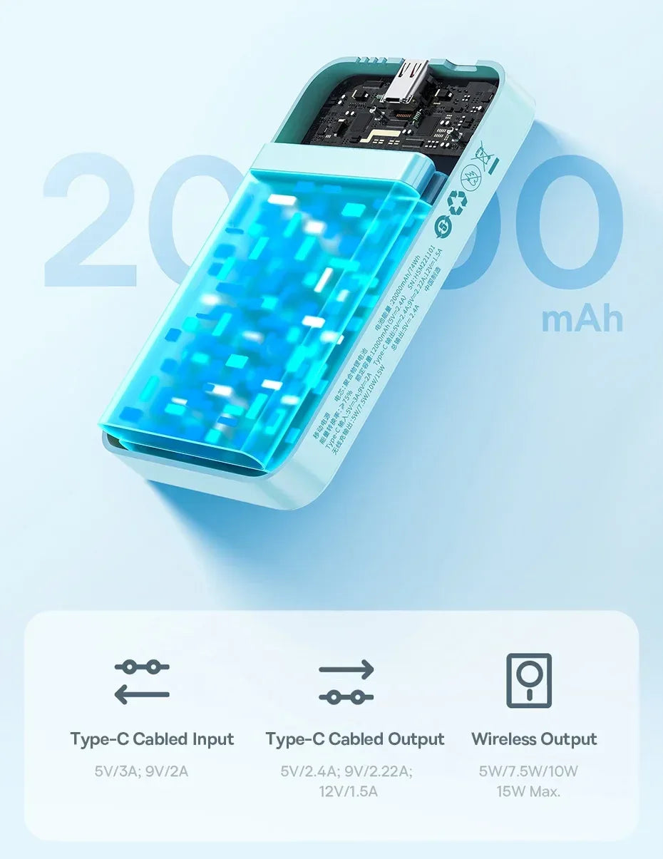Battery pack with blue casing and text indicating 20,500 mAh on a light blue background.