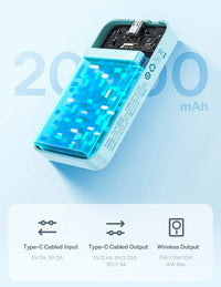 Battery pack with blue casing and text indicating 20,500 mAh on a light blue background.