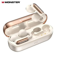 White and rose gold wireless earbuds with charging case on a white background, featuring the Monster logo.
