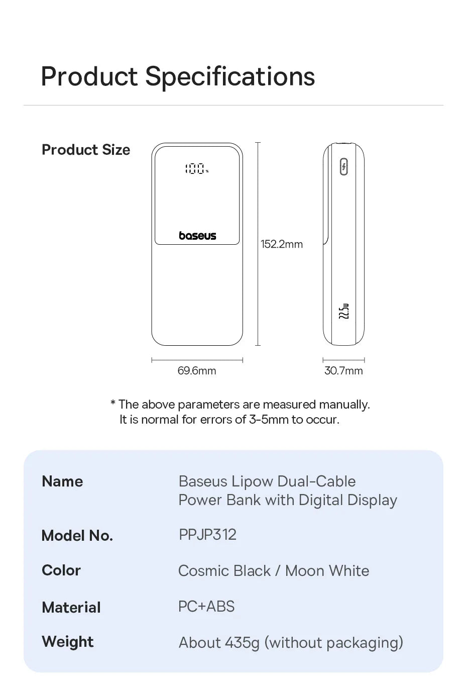 Baseus Power Bank 20000mAh - 22.5W Fast Charging | Built-in Lightning & USB-C Cables, LCD Display, Air-Travel Friendly, iPhone & Android