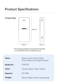 Baseus Power Bank 20000mAh - 22.5W Fast Charging | Built-in Lightning & USB-C Cables, LCD Display, Air-Travel Friendly, iPhone & Android