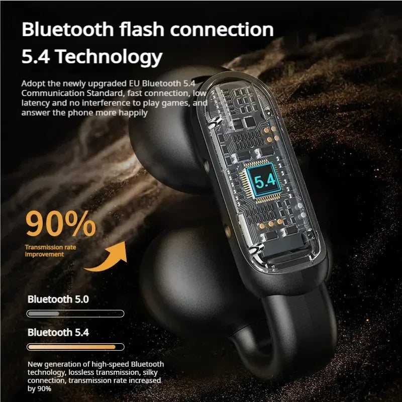 Black wireless earbuds with Bluetooth 5.4 technology on a dark background