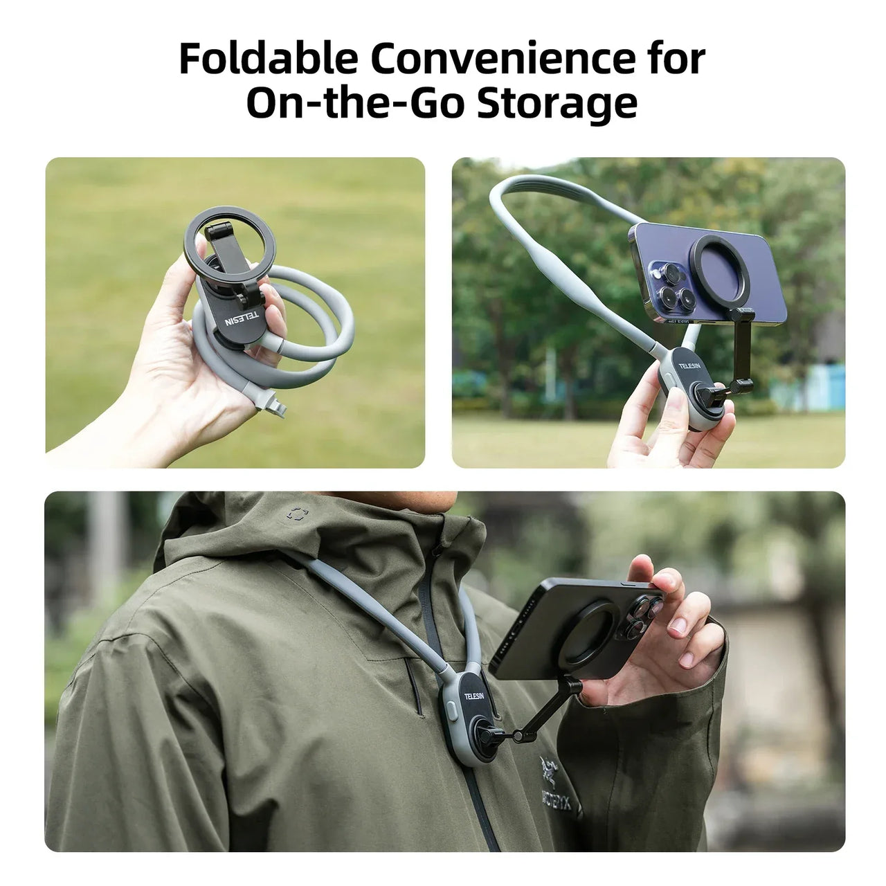 TELESIN Silicone Magnetic Quick-Release Neck Mount - Hands-Free Phone Holder for iPhone 15 14 13 12 11, Samsung, Universal Smartphones