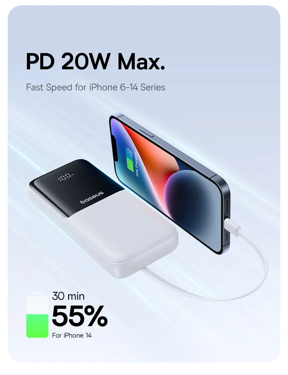 Baseus Power Bank 20000mAh - 22.5W Fast Charging | Built-in Lightning & USB-C Cables, LCD Display, Air-Travel Friendly, iPhone & Android