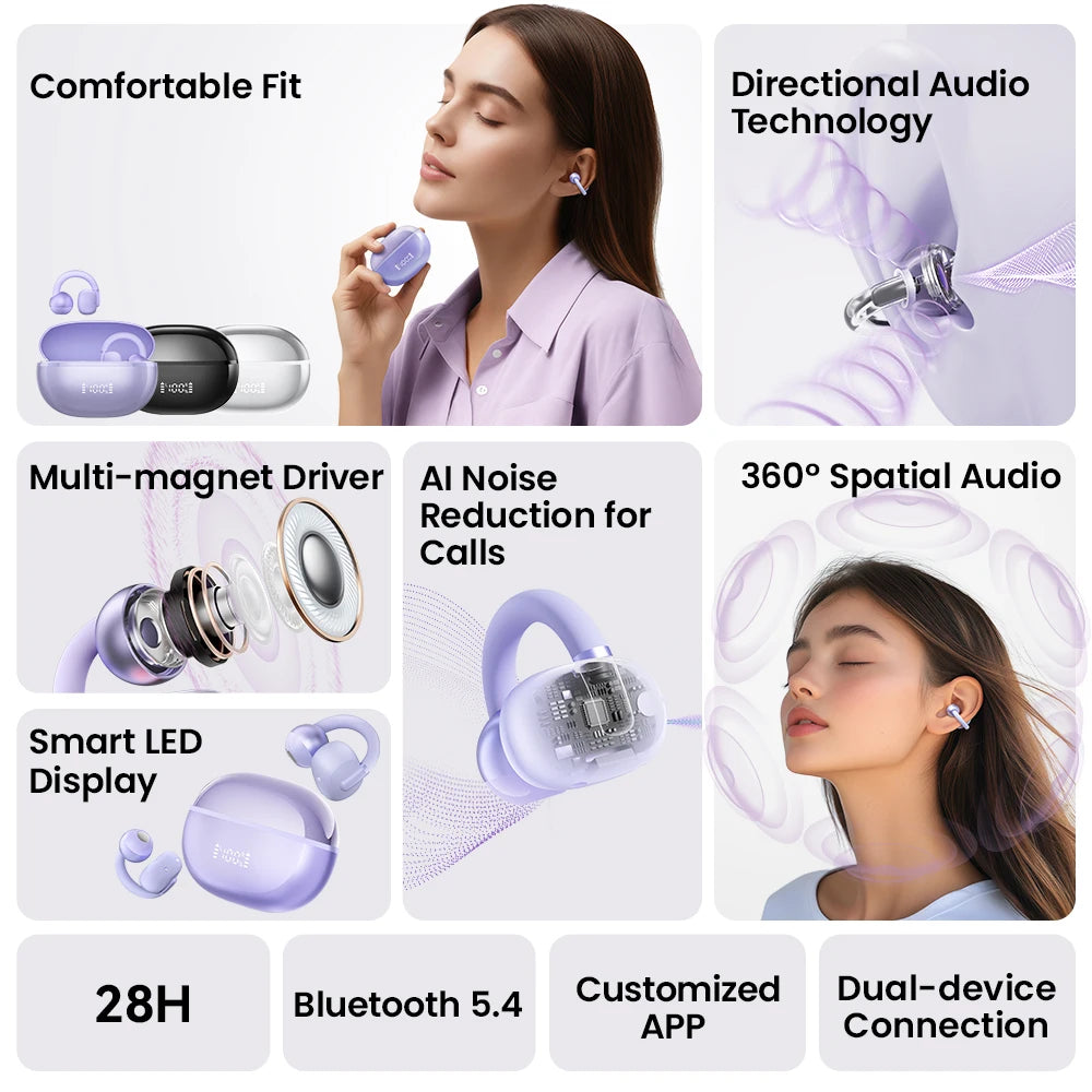 HAYLOU AirFree Ear Clip Earphones - Bluetooth 5.4 | AI Noise Reduction, 28H Battery, 360° Spatial Audio, Smart LED Display