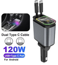 4-in-1 PD30W Car Fast Charger with Retractable Cables - USB Type-C Power Adapter | 120W Max with Roof Starlight for iOS & Android