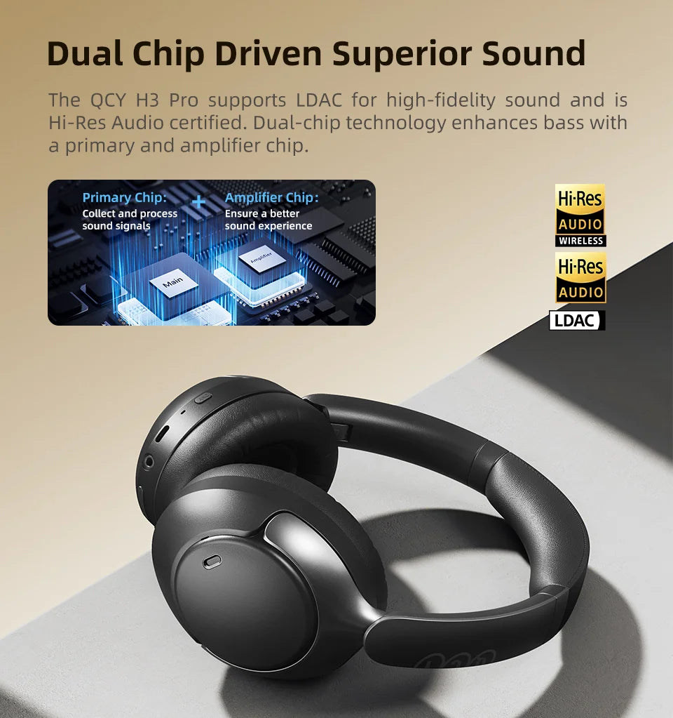 QCY H3 Pro ANC Over-Ear Headphones - 50dB ANC, LDAC Hi-Res, 3D Spatial Audio, Bluetooth 5.4 | 60H Battery, 3-Mic ENC, Wireless & Wired