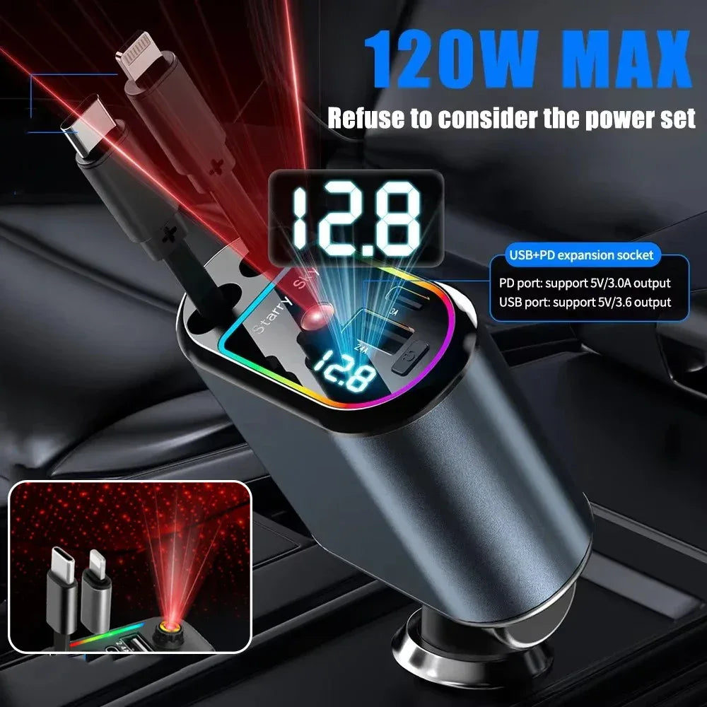 4-in-1 PD30W Car Fast Charger with Retractable Cables - USB Type-C Power Adapter | 120W Max with Roof Starlight for iOS & Android