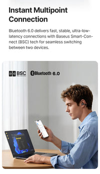 Baseus Bowie MC2 AIR Clip-on TWS Earbuds - Bluetooth 6.0 | 4-Mic ENC, 4 Drivers, Open-Ear Ear Clip, Waterproof Sport Wireless Earphones