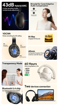 QCY H3 ANC Over-Ear Headphones - 43dB Hybrid ANC, Hi-Res Audio, Bluetooth 5.4 | 60H Battery, 40mm Driver, Transparency Mode, Wireless & Wired