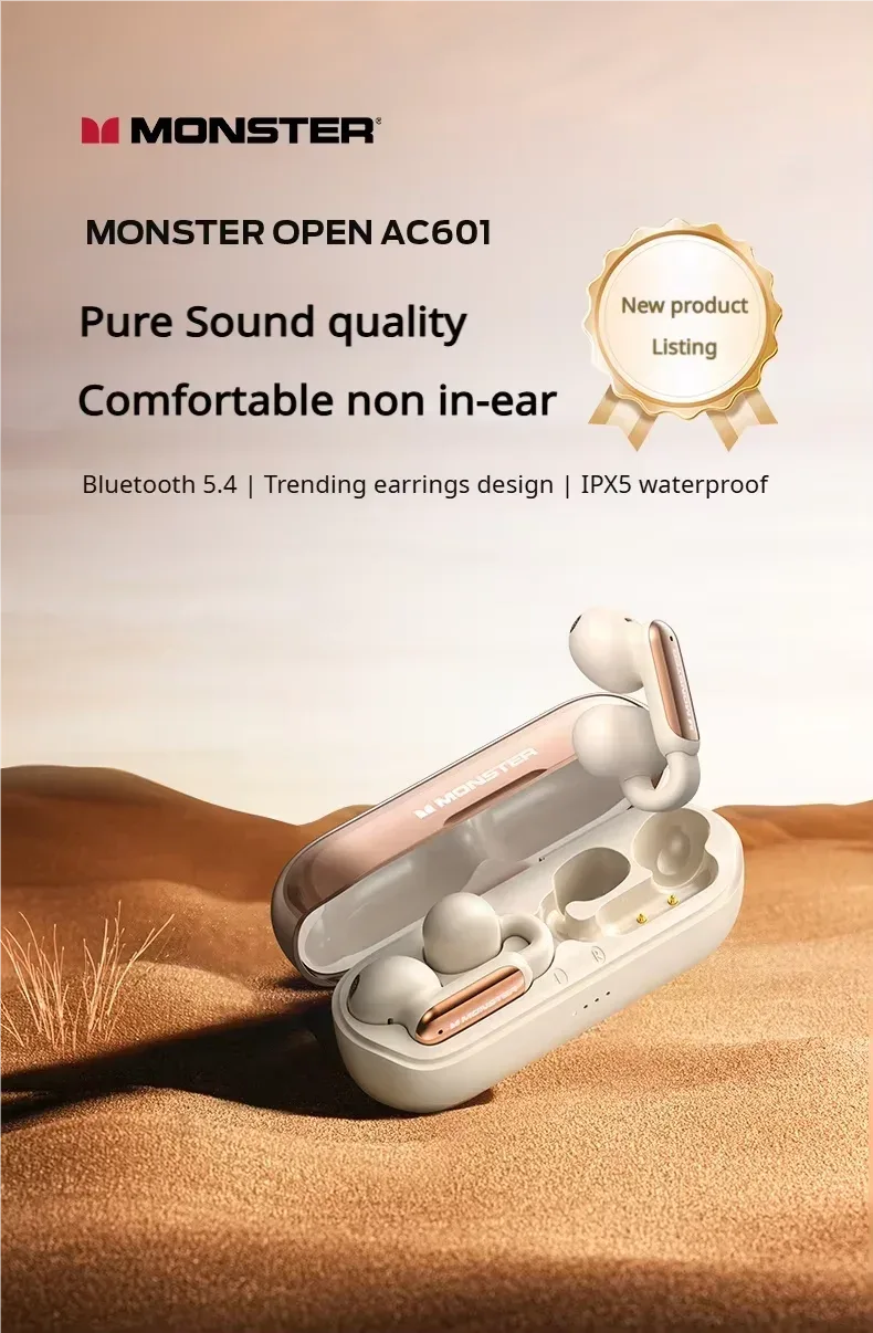 Monster Open AC601 wireless earbuds with charging case on a desert background