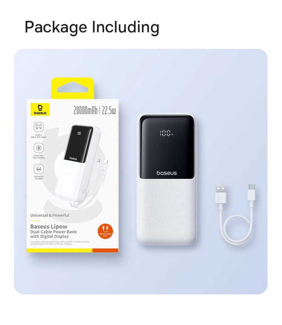 Baseus Power Bank 20000mAh - 22.5W Fast Charging | Built-in Lightning & USB-C Cables, LCD Display, Air-Travel Friendly, iPhone & Android