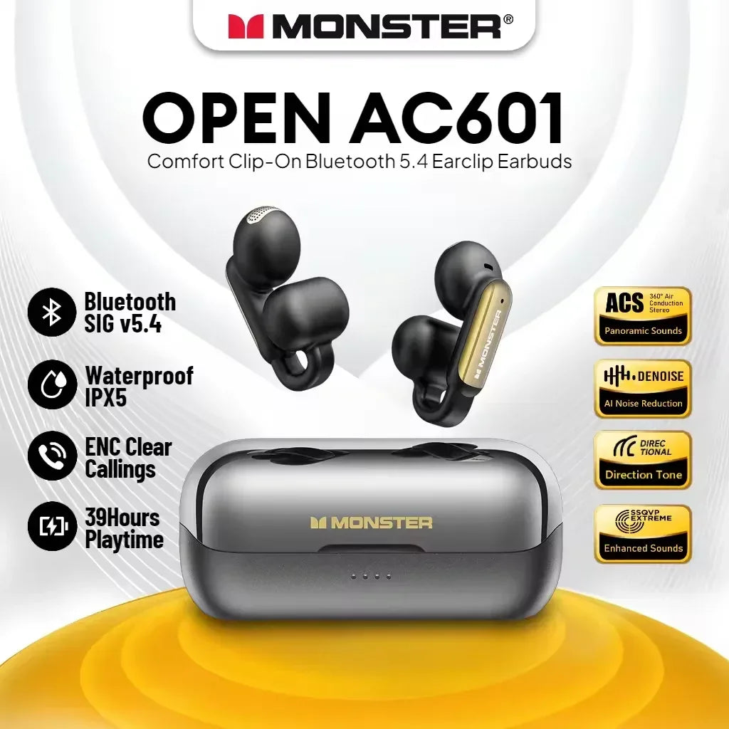 Monster Open AC601 earbuds with charging case on a white background