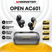 Monster Open AC601 earbuds with charging case on a white background