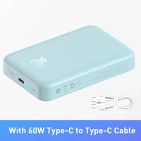 Light blue power bank with USB-C cable on a white background