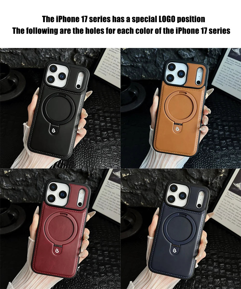 Luxury Magnetic Stand Ring Vegan Leather iPhone Case - MagSafe Compatible | Anti-Scratch Hollow Logo Cover for iPhone 12-17 Series