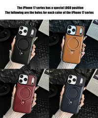 Luxury Magnetic Stand Ring Vegan Leather iPhone Case - MagSafe Compatible | Anti-Scratch Hollow Logo Cover for iPhone 12-17 Series