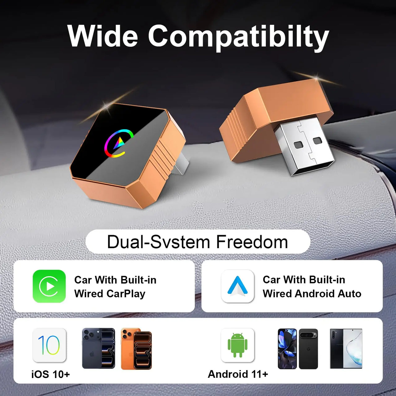 CarPlay Wireless Adapter 2-in-1 - Cable to Wireless Converter for iPhone & Android Auto | Mini USB Design Plug & Play