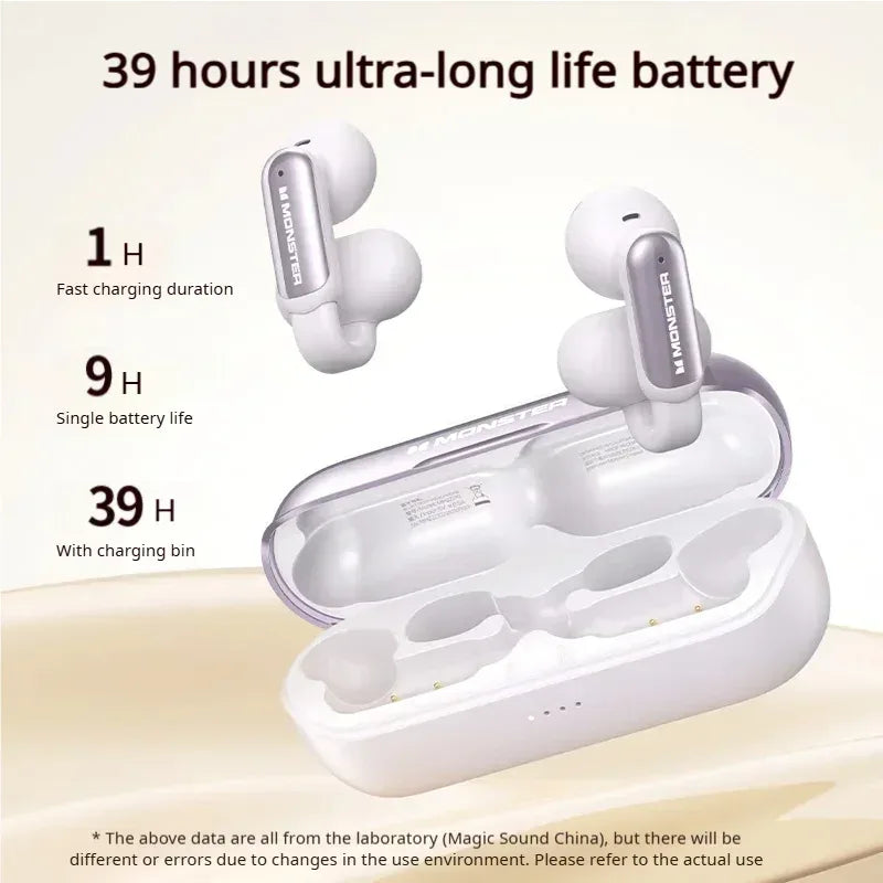 White wireless earbuds with charging case on a beige background, displaying battery life information.