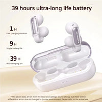 White wireless earbuds with charging case on a beige background, displaying battery life information.