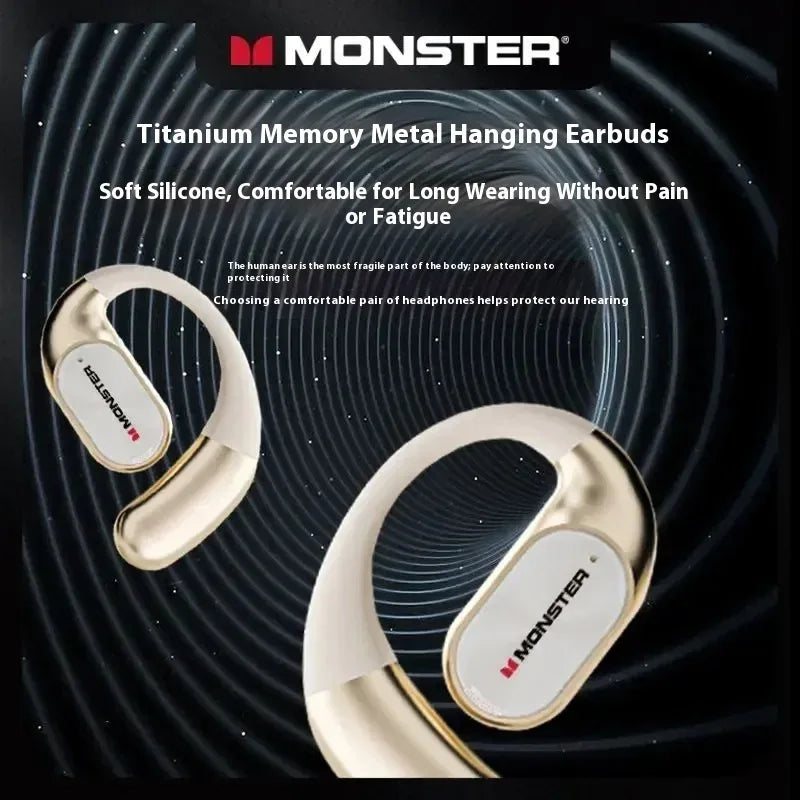 Monster Titanium Memory Metal Hanging Earbuds on a dark background with brand logo.