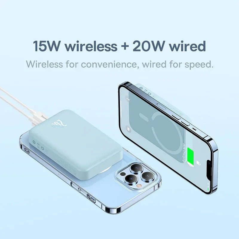 Phone with wireless and wired charging capabilities on a light blue background