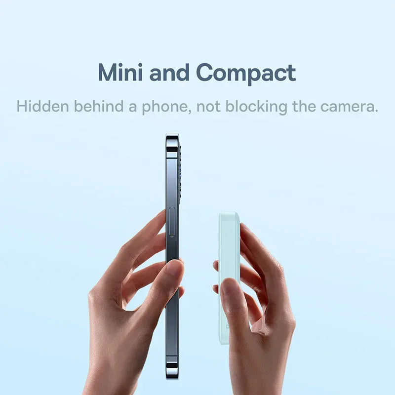 Phone case being held between two fingers with text 'Mini and Compact' on a light blue background