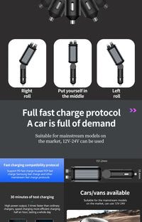 4-in-1 PD30W Car Fast Charger with Retractable Cables - USB Type-C Power Adapter | 120W Max with Roof Starlight for iOS & Android
