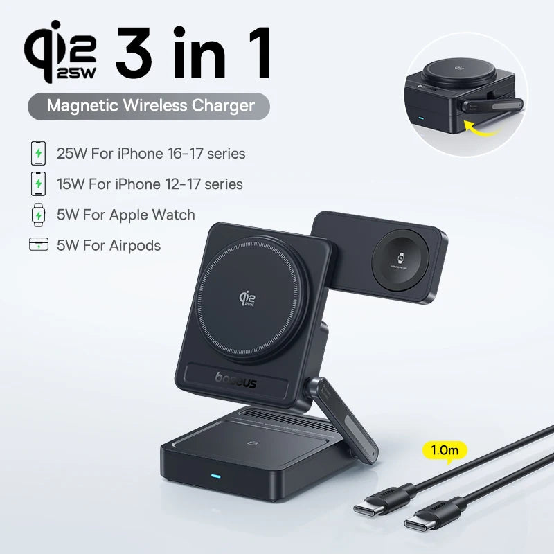 Baseus Qi2.2 3-in-1 Magnetic Wireless Charger - Charge iPhone + Apple Watch + AirPods Together | 25W Fast Charging, No Cable Mess