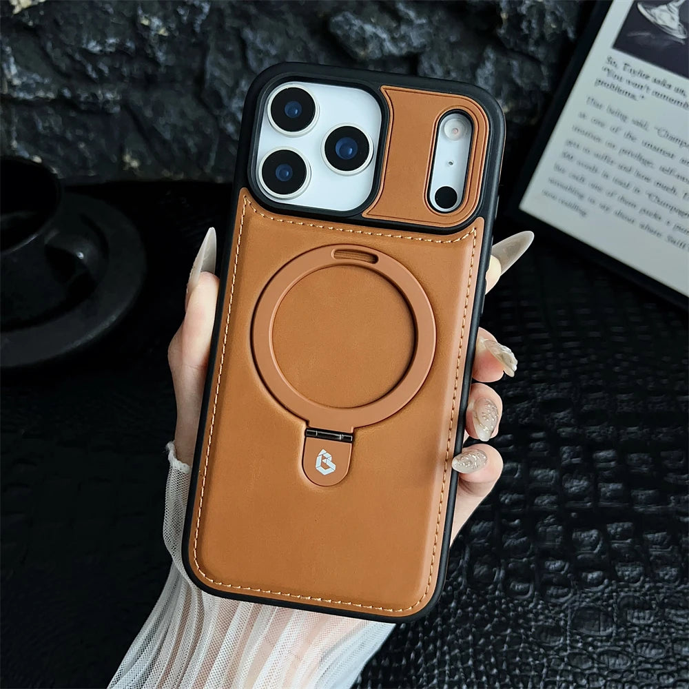 Luxury Magnetic Stand Ring Vegan Leather iPhone Case - MagSafe Compatible | Anti-Scratch Hollow Logo Cover for iPhone 12-17 Series