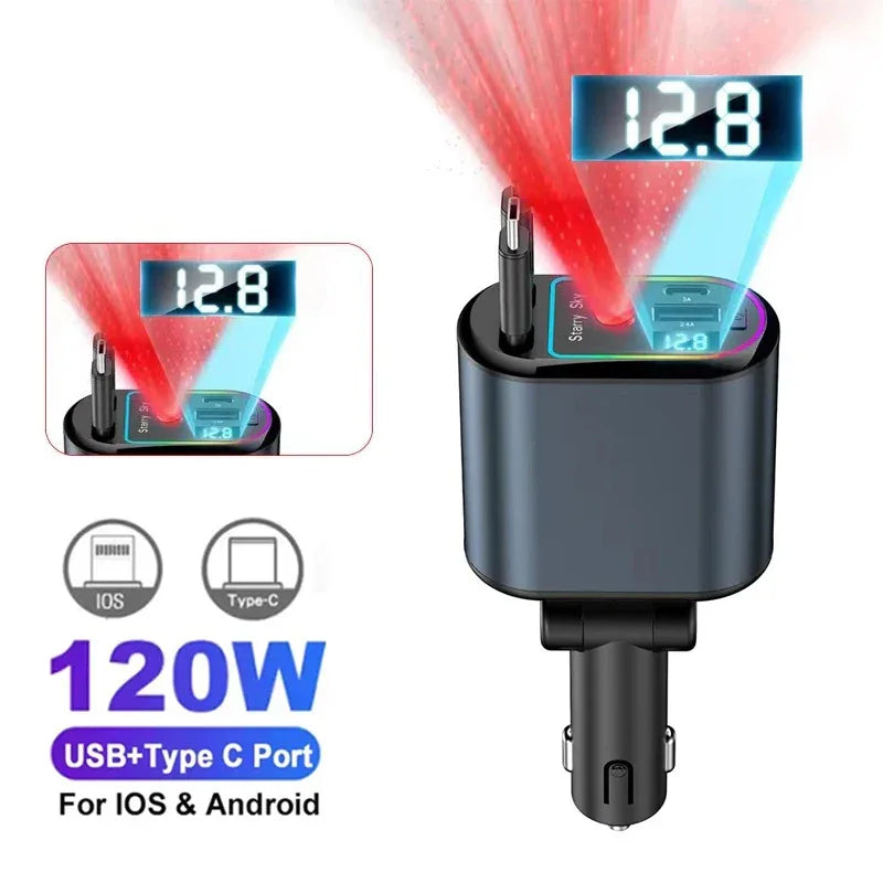 4-in-1 PD30W Car Fast Charger with Retractable Cables - USB Type-C Power Adapter | 120W Max with Roof Starlight for iOS & Android