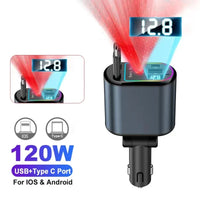 4-in-1 PD30W Car Fast Charger with Retractable Cables - USB Type-C Power Adapter | 120W Max with Roof Starlight for iOS & Android