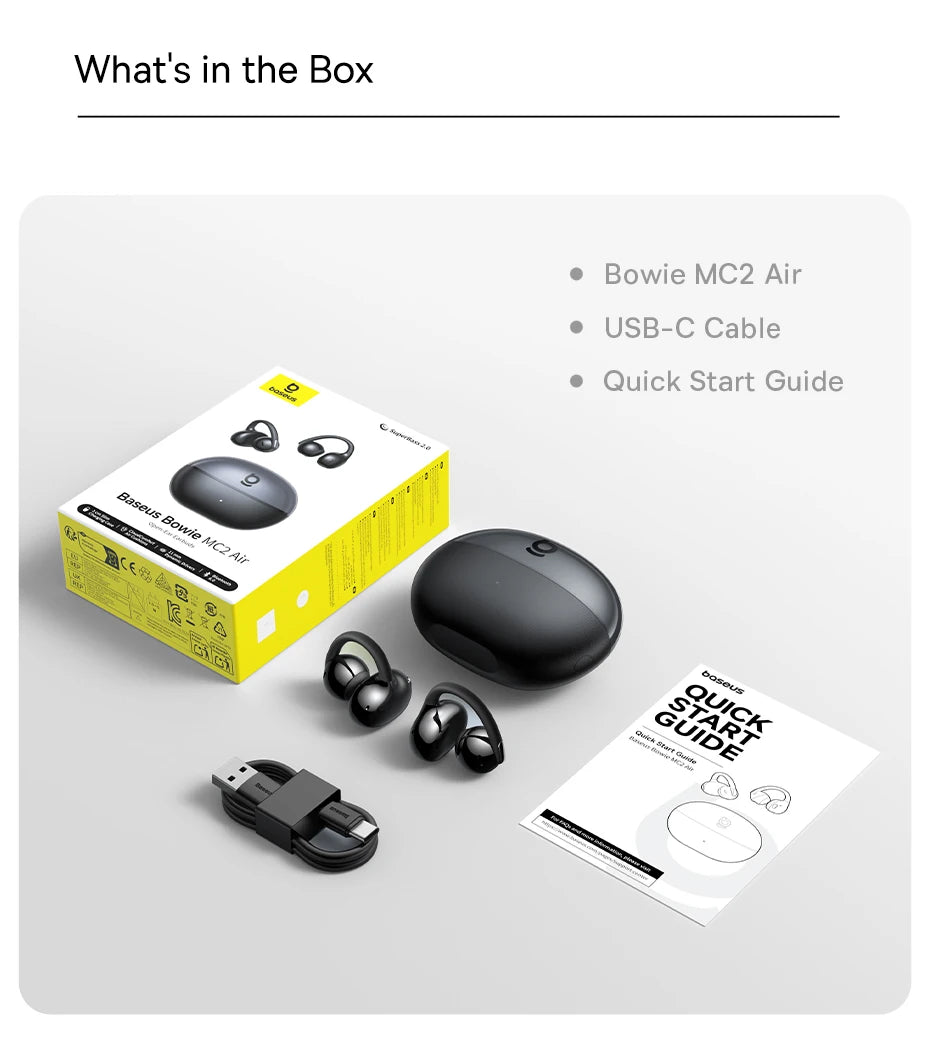 Baseus Bowie MC2 AIR Clip-on TWS Earbuds - Bluetooth 6.0 | 4-Mic ENC, 4 Drivers, Open-Ear Ear Clip, Waterproof Sport Wireless Earphones