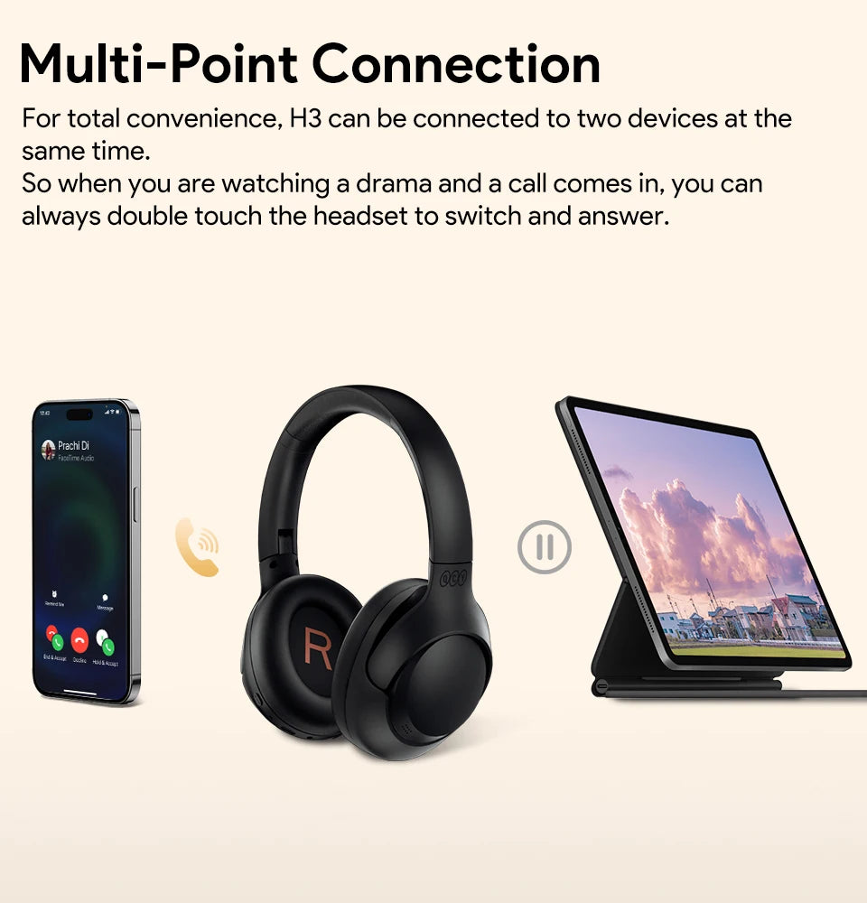 QCY H3 ANC Over-Ear Headphones - 43dB Hybrid ANC, Hi-Res Audio, Bluetooth 5.4 | 60H Battery, 40mm Driver, Transparency Mode, Wireless & Wired