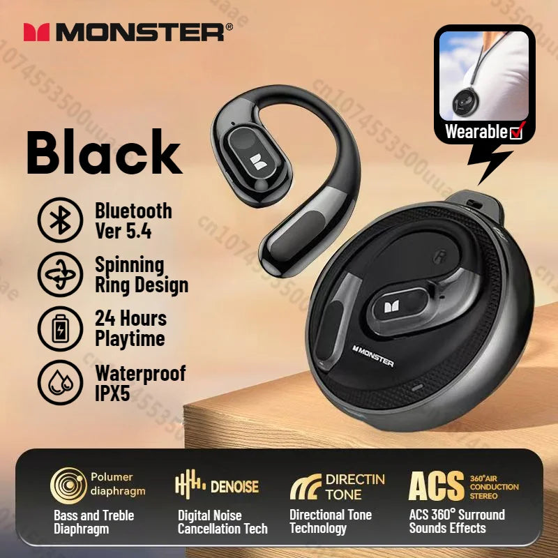 Monster AC330 OWS Open-Ear Headphones - Bluetooth 5.4 | ENC Call Noise Cancelling, 360° Surround Sound, 24H Battery, Waterproof Sport Headset