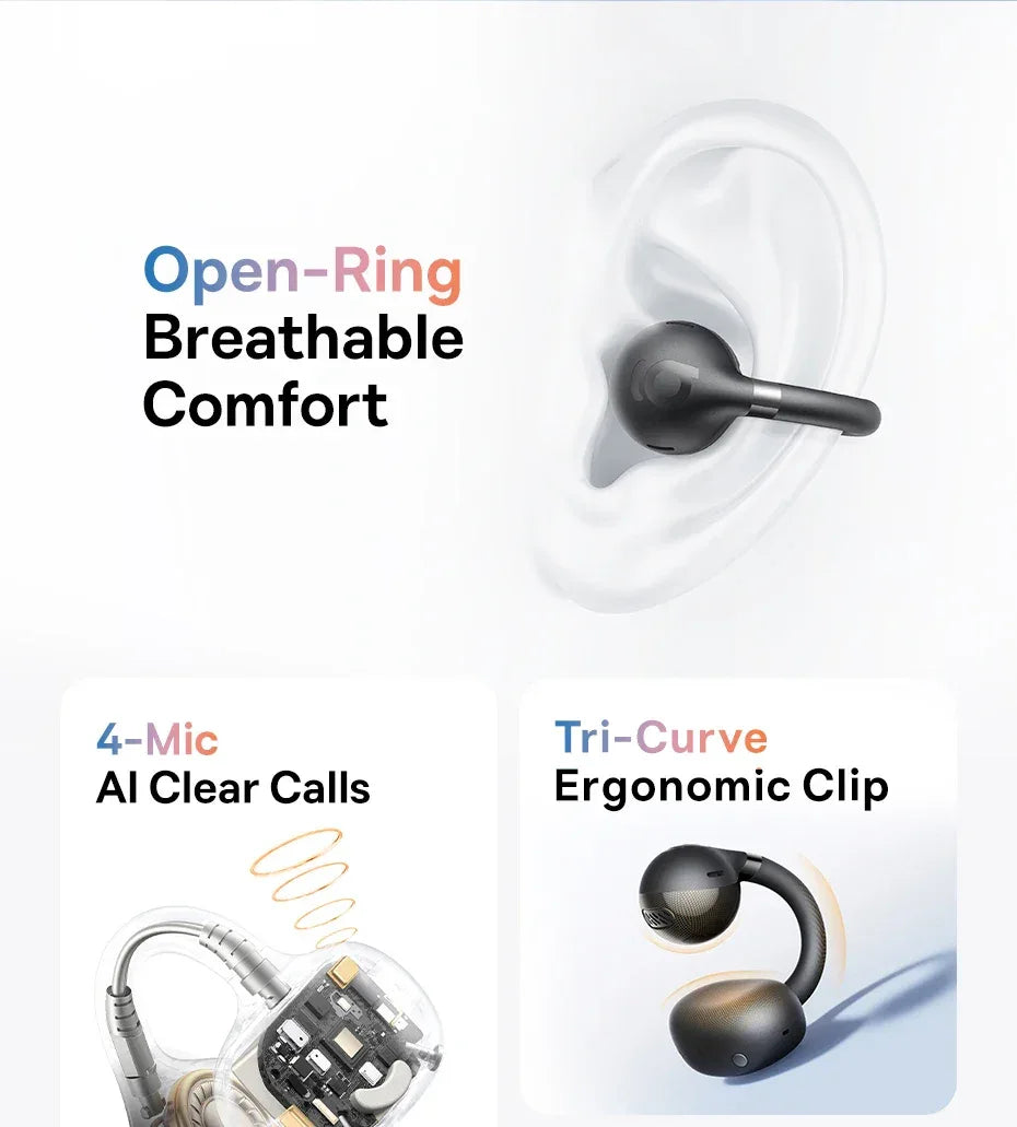 Baseus BC1 Open-Ear Clip Earbuds - Bluetooth 6.0 | 4-Mic ENC, 38Hr Battery, IP55 Waterproof, Super Bass Sport Earphones