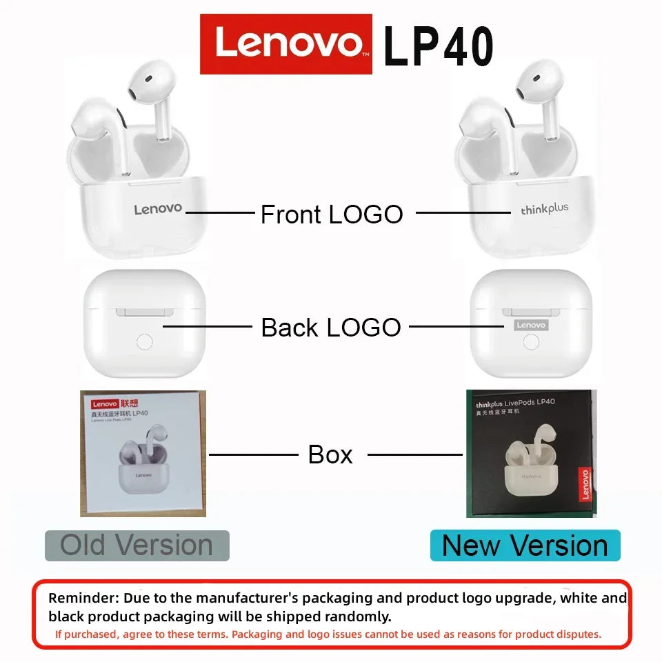 Lenovo LP40 TWS Wireless Earbuds - Bluetooth 5.0 Touch Control | HiFi Stereo, Waterproof Sport In-Ear Headphones with Charging Case