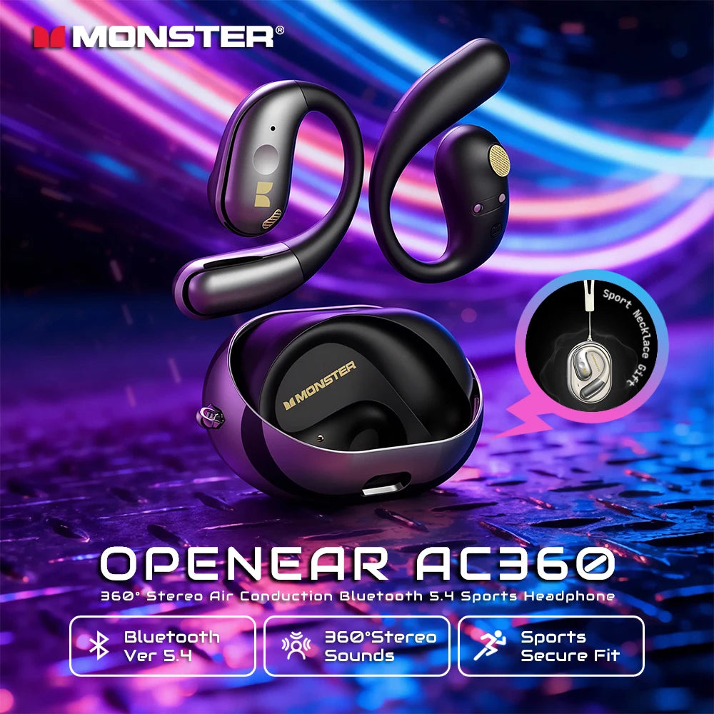 Monster AC360 Open-Ear Air Conduction Headphones - Bluetooth 5.4 | 360° Stereo OWS, 24H Battery, Waterproof Sport Wireless Headset