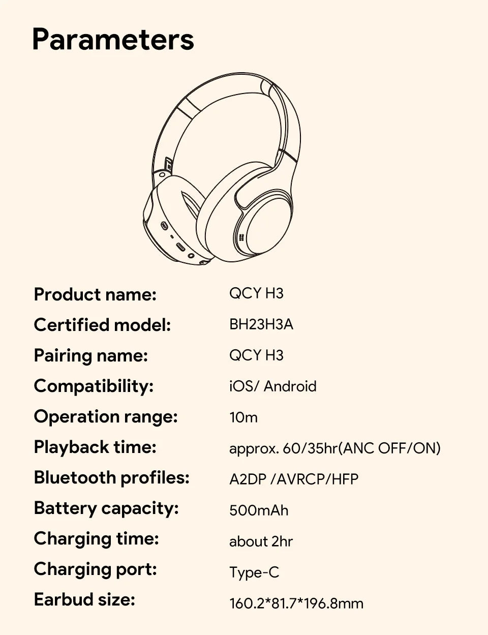 QCY H3 ANC Over-Ear Headphones - 43dB Hybrid ANC, Hi-Res Audio, Bluetooth 5.4 | 60H Battery, 40mm Driver, Transparency Mode, Wireless & Wired