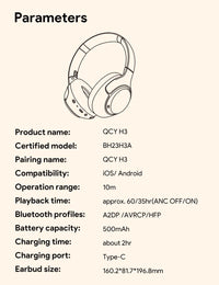QCY H3 ANC Over-Ear Headphones - 43dB Hybrid ANC, Hi-Res Audio, Bluetooth 5.4 | 60H Battery, 40mm Driver, Transparency Mode, Wireless & Wired