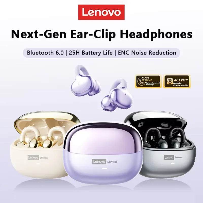 Lenovo LE302 Ear Clip Wireless Earphones - Bluetooth 6.0 | Active Noise Cancelling, HiFi Stereo, Waterproof Sport Headphones