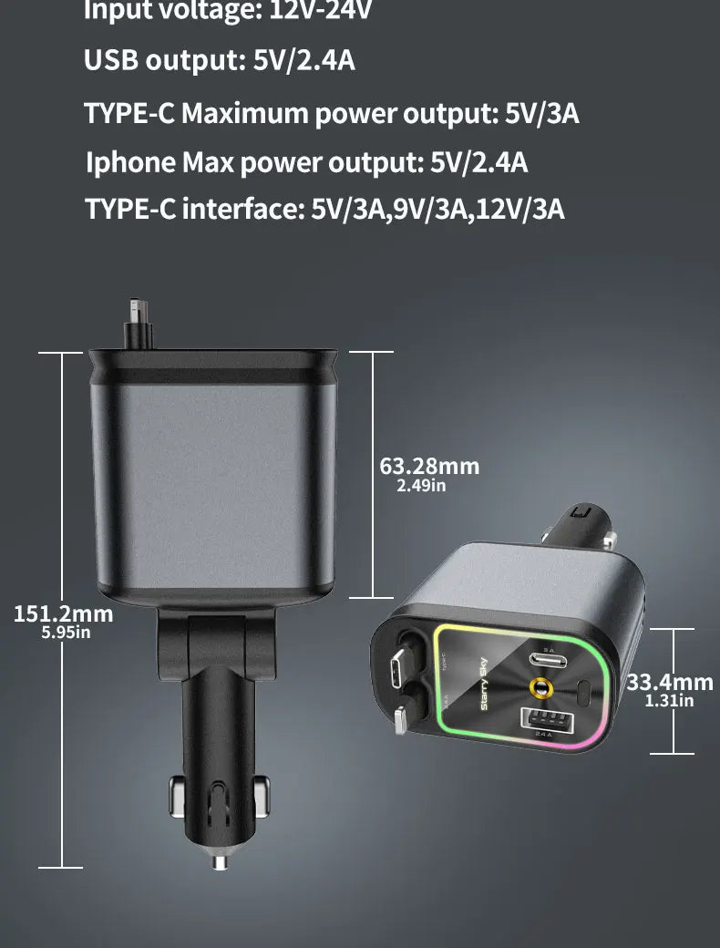 4-in-1 PD30W Car Fast Charger with Retractable Cables - USB Type-C Power Adapter | 120W Max with Roof Starlight for iOS & Android