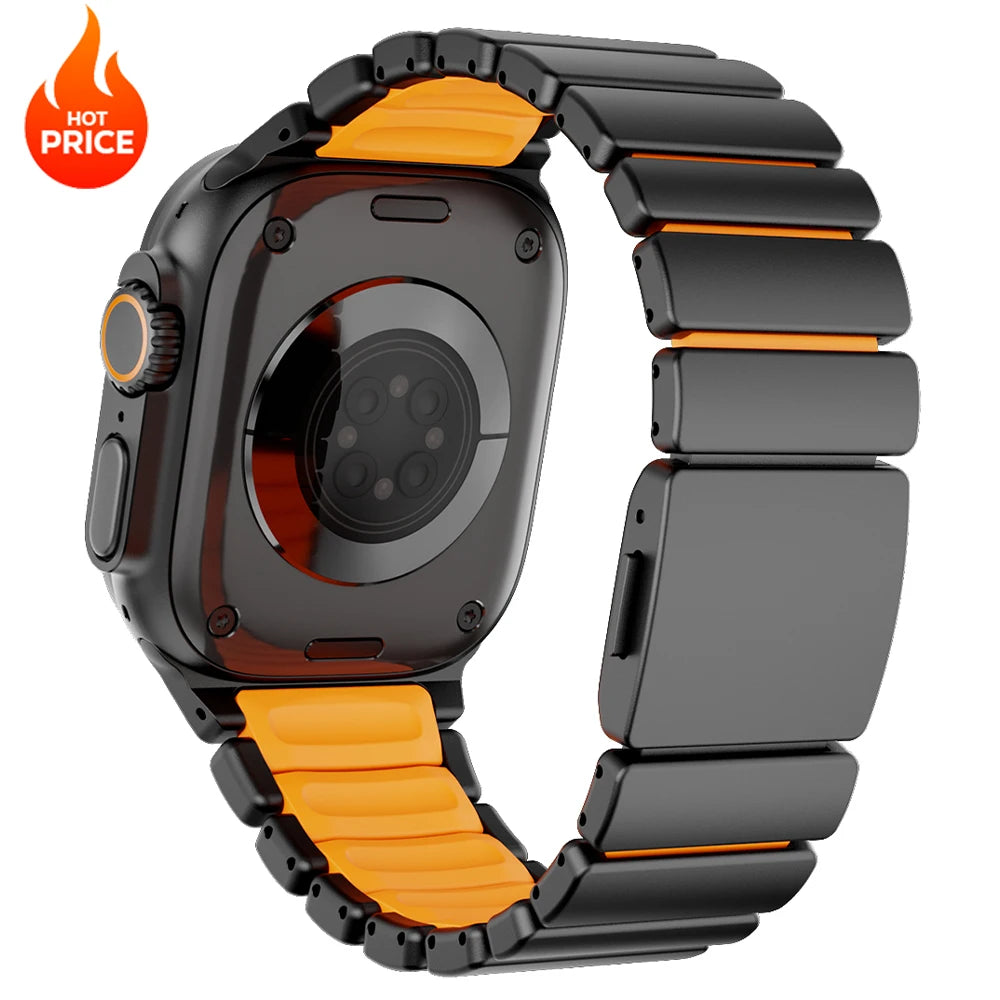 Titanium Silicone Magnetic Apple Watch Band - Luxury Metal Strap for Ultra 3/2/1 49mm, Series 11/10 46mm, Series 9/8/7 45mm, Series 6/SE/5/4 44mm, Series 3/2/1 42mm