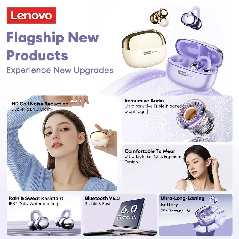 Lenovo LE302 Ear Clip Wireless Earphones - Bluetooth 6.0 | Active Noise Cancelling, HiFi Stereo, Waterproof Sport Headphones